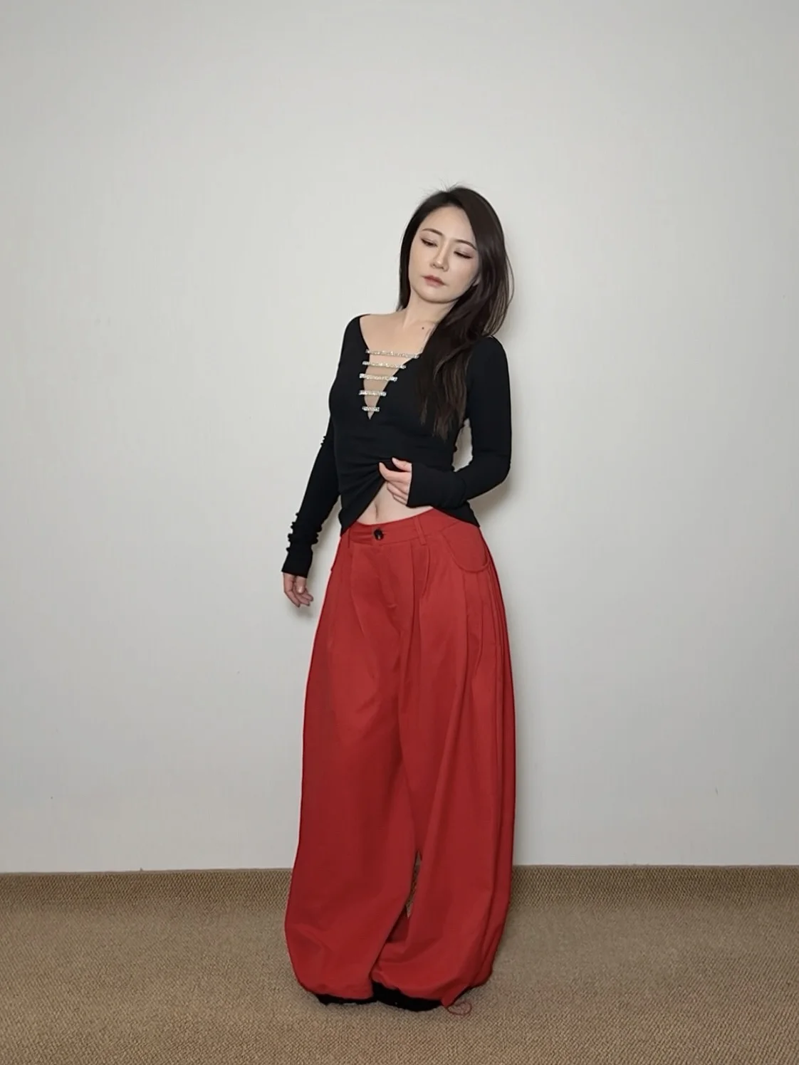 

Брюки NCC ONE Slimming Wide Leg, драпированные, повседневные, свободного кроя, сине-красные, женские, весна 2026, Китай
