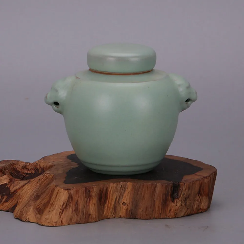 Chinese Ru Kiln Celadon Double Ear Lion Lid Jar Reproduction Home Decor Collectible Tabletop Ornament