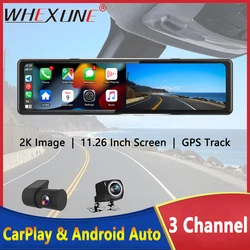 3 Cameras Dash Cam Carplay & Android Auto 2K 2560*1440P Rearview Mirror Video Recording WIFI GPS Loop Record Phone APP Car DVR