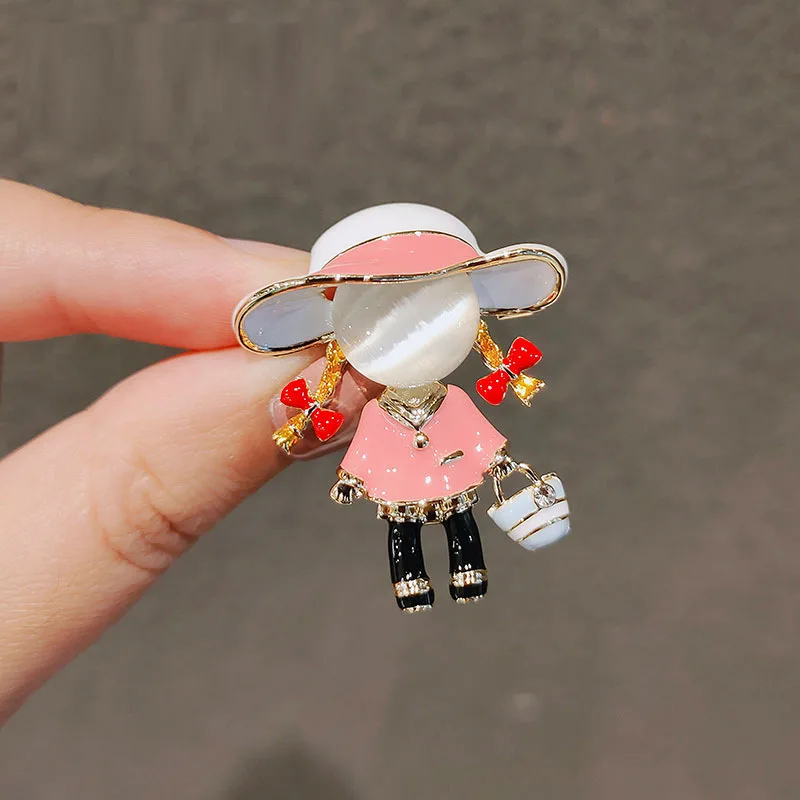 Kawaii Pink Enamel Girl Brooch Pin for Women and Kids