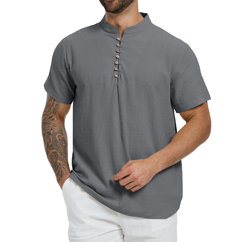 Sommer-Herren-T-Shirt, einfarbig, halb geknöpft, Henley-Ausschnitt, lässige Kurzarm-Oberteile, Baumwolle, Leinen, bequem, leicht, klassische T-Shirts – Detail 10