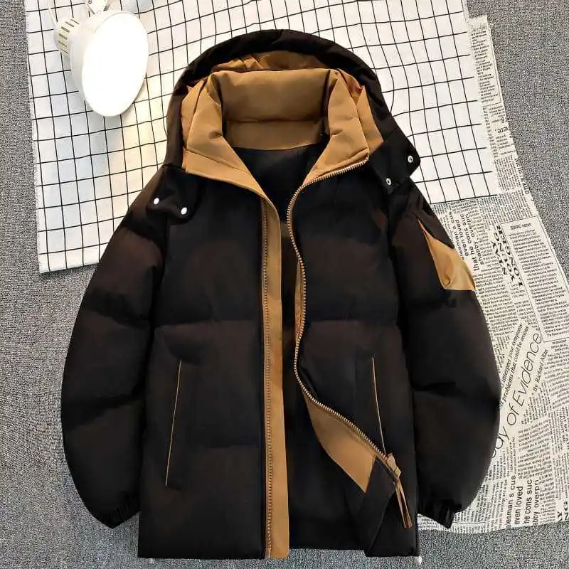 Męska kurtka zimowa, ocieplana, odporna na zimno, kontrastowe kolory, modna odzież wierzchnia, długi rękaw, zapinana na zamek, luźna, codzienna kurtka męska z kapturem.