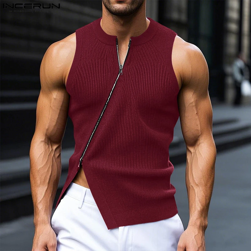 

Summer Sleeveless Tops Tee Men Tank Tops Fashion INCERUN Solid Color Zipper Streetwear O Neck Tops Oversize S-3XL Men's Clothing