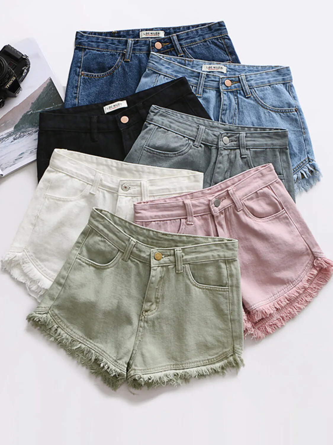 Women's High Waist Denim Shorts Vintage Washed Raw Frayed Hem Summer Shorts 7 Colors