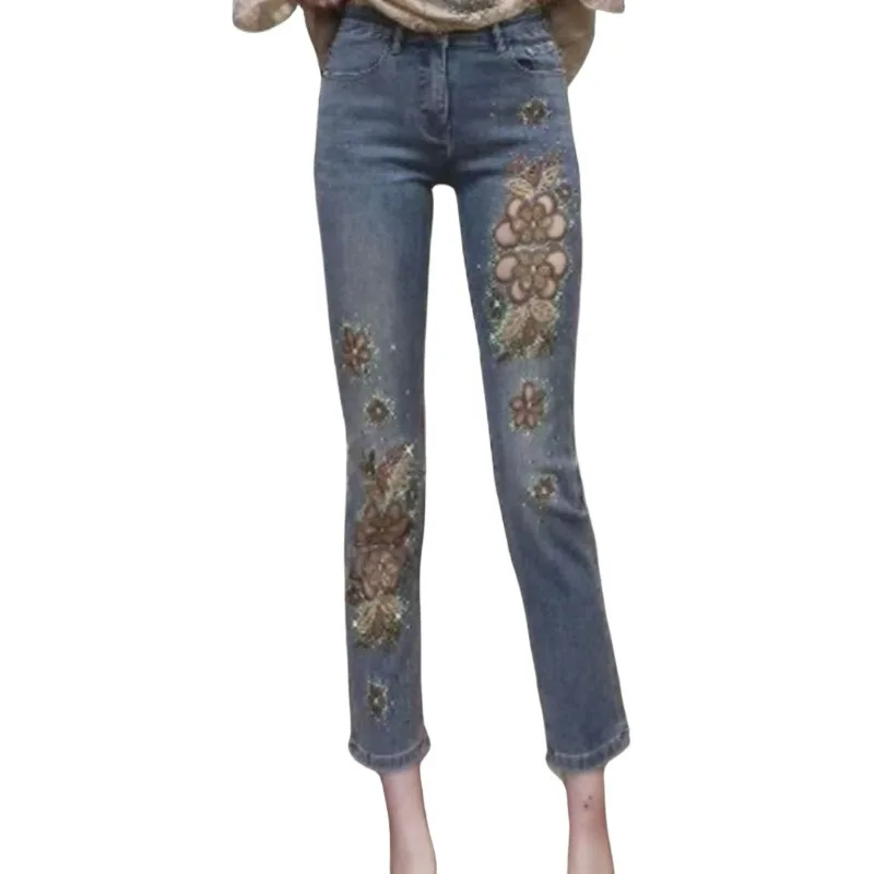 Jeans Flower Cigarette Pipe Nine Points New Heavy Industry High Waist Hollow Summer Fashion Slim Pants Exquisite Simple Casual