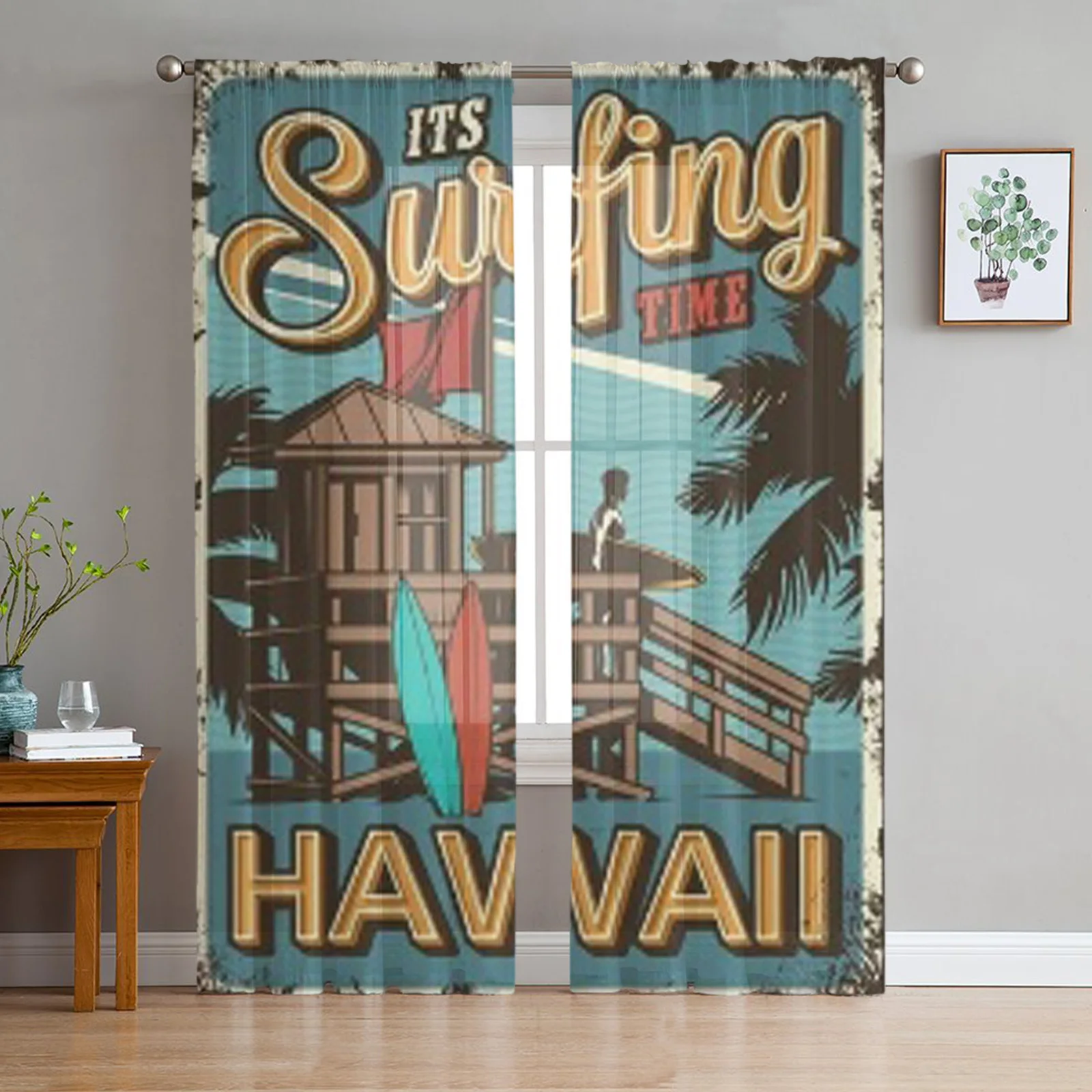 Vintage Surfing Time Poster With Surfer Sheer Curtains for Living Room Tulle Window Curtain Bedroom Kitchen Veil Drapes