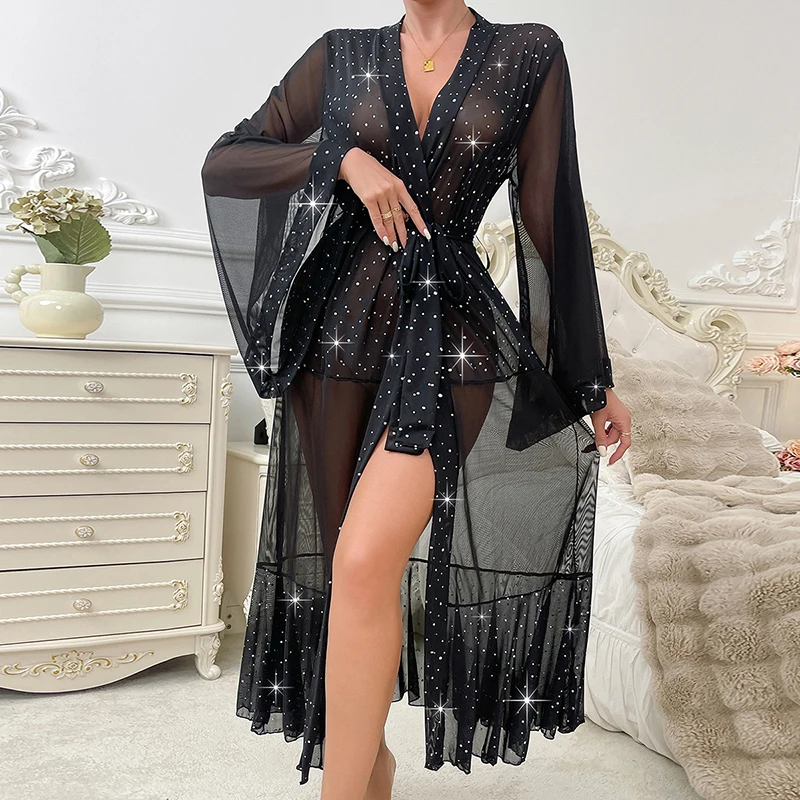 Camicia da notte sexy Accappatoio Vestibilità slim Camicie da notte lucide Paillettes Tulle Indumenti da notte Manica lunga Abito da casa Abito da notte con volant Donna