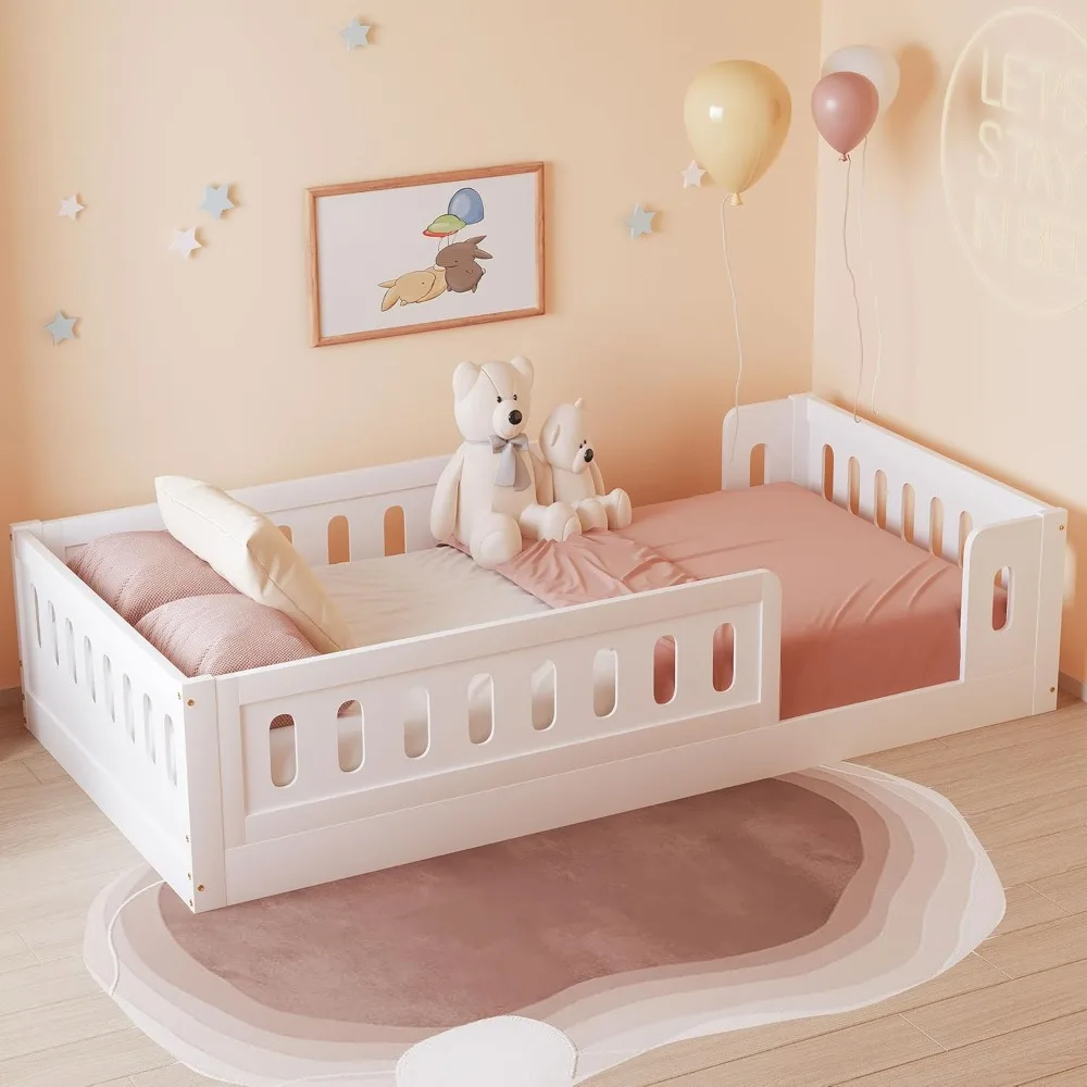 

Bellemave Twin Size Floor Bed for Kids, Twin Floor Bed with High Fence, Wooden Montessori Beds for Kids, White