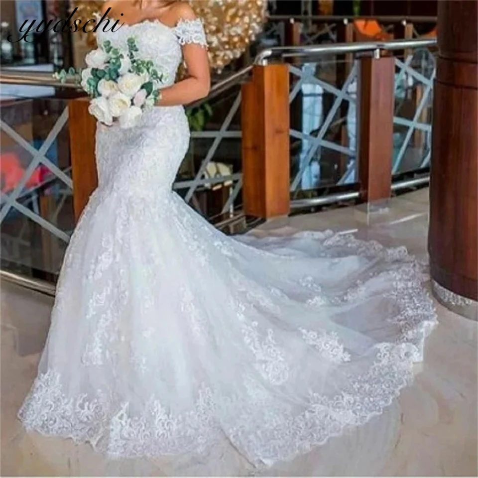 

Elegant Boat Neck Appliques Lace Tulle Mermaid Wedding Dresses For Woman 2024 Court Train Bridal Gowns vestidos de novia