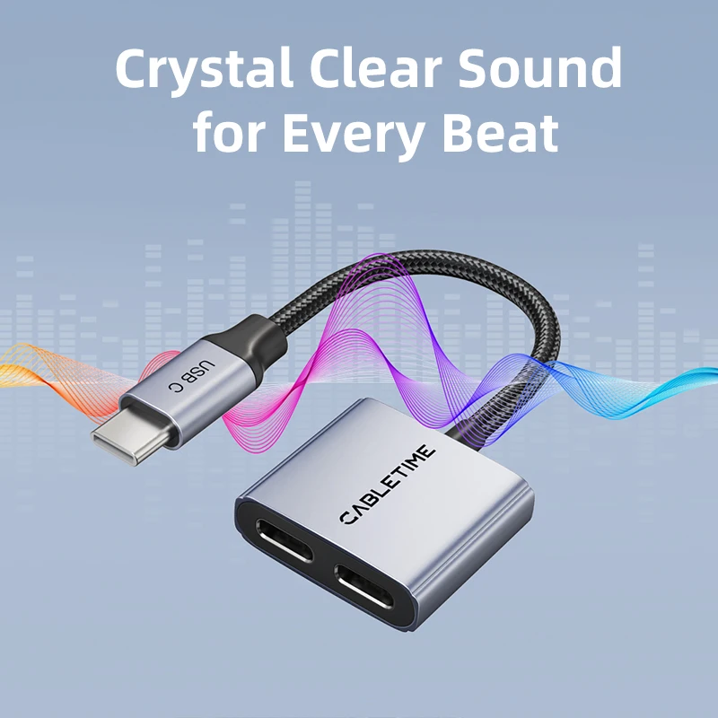 CABLETIME USB C a Dual USB C Adaptador de cargador y auriculares 2 en 1 PD 60W Cargador rápido Adaptador de aluminio Hi-Fi para IPhone HUAWEI