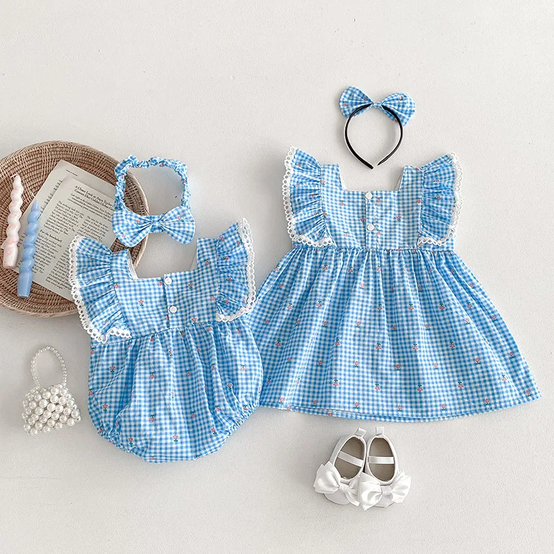 2024 Blue Plaid Toddler Girl Romper Sleeveless Cotton Kids Dresses for Girls Floral Printing Children Baby Kid Jumpsuit Clothing