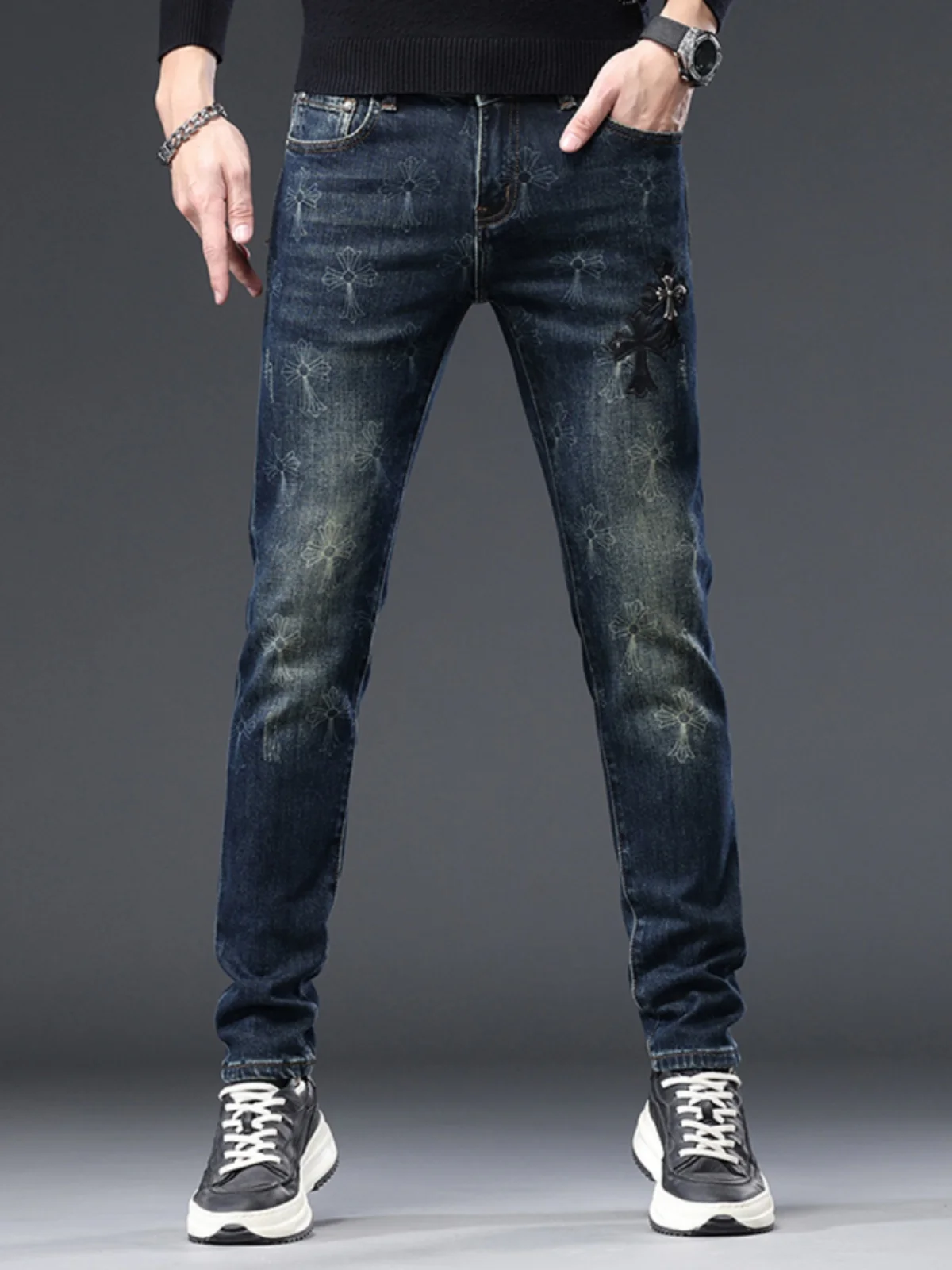 

Men's Slim Fit Straight Leg Jeans High Waist Print Elastic Hidden Flower Casual Wear Resistant Cotton Stretch Denim Pants
