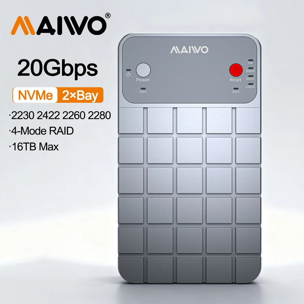 

MAIWO M2 SSD Case 2 Bay M.2 NVMe SSD Adapter Box 20 Гбит/с USB 3.2 Gen2x2 USB C Алюминиевый внешний корпус с поддержкой клавиш M и B&M