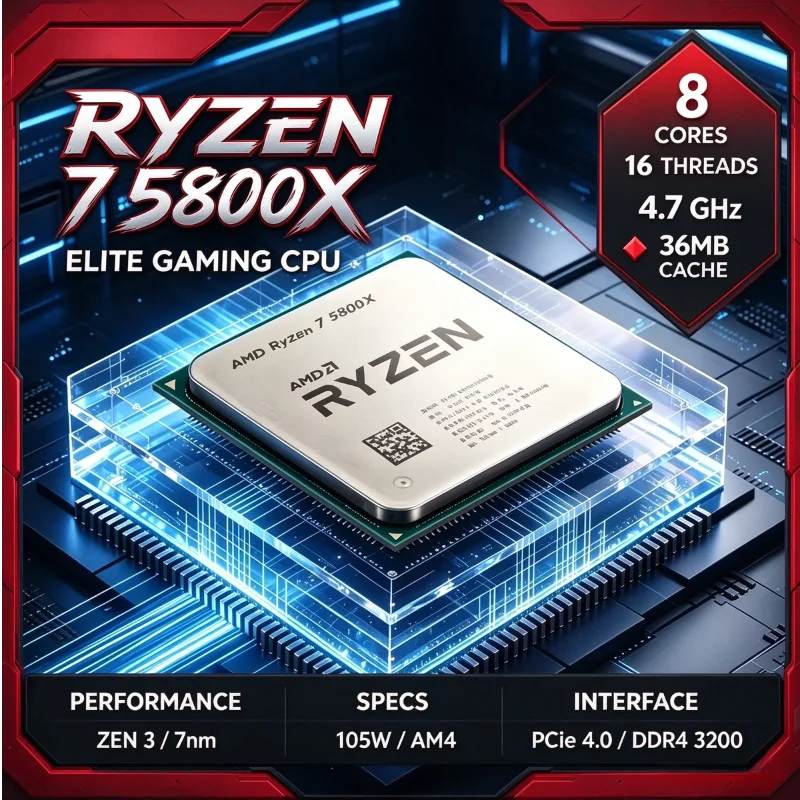 AMD Ryzen 7 5800X Processor 8 Cores 16 Threads AM4 CPU 3.8GHz Base 4.7GHz Turbo 32MB L3 Cache 7nm Desktop Processor