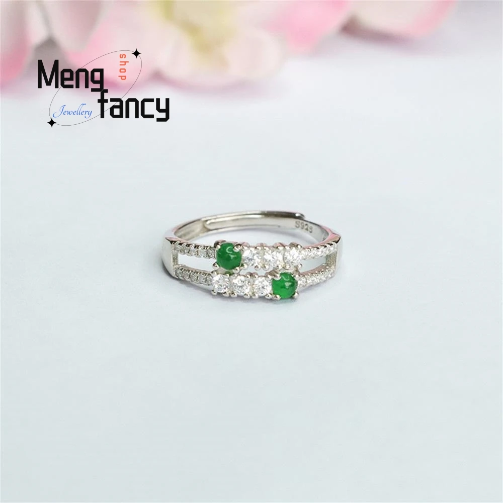 S925 Silver Inlaid Natural Jadeite Ice Type Imperial Green Finger Ring Exquisite Elegant Charm High-grade Luxury Fashion Jewelry