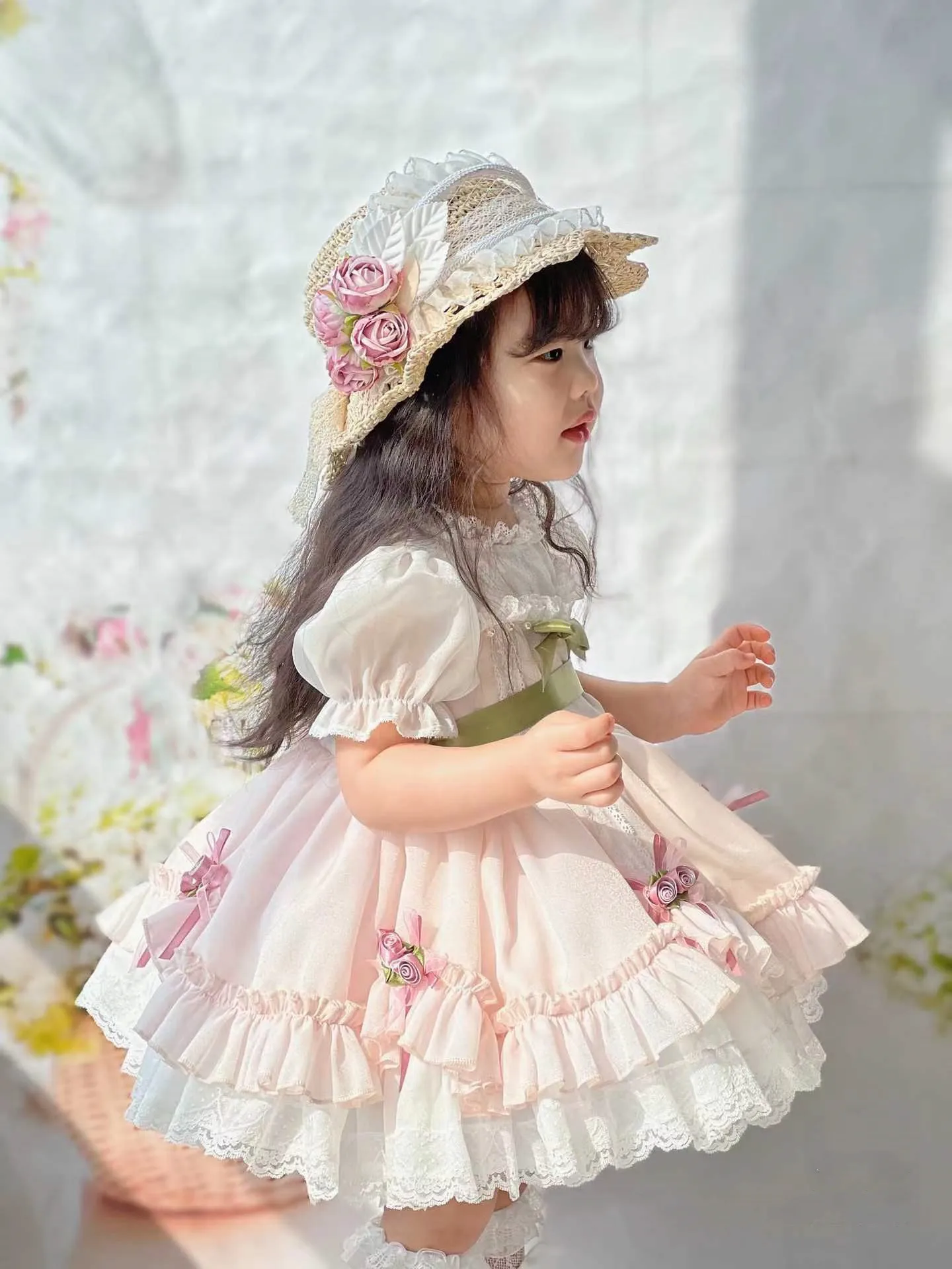 

0-8Y Baby Girl Summer Light Pink Turkish Vintage Lolita Princess Ball Gown Dress for Birthday Holiday Casual Eid