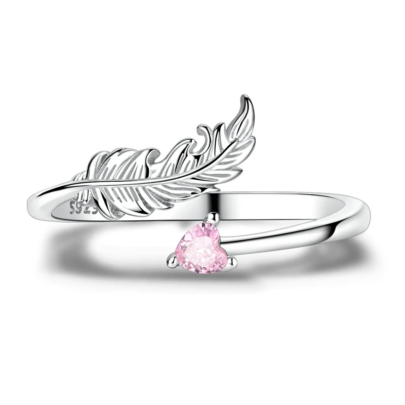 925 Sterling Silver Original  Pink Heart Feather Opening Ring，Women's Anniversary Gift Engagement Rings for Women Mens Jewelry