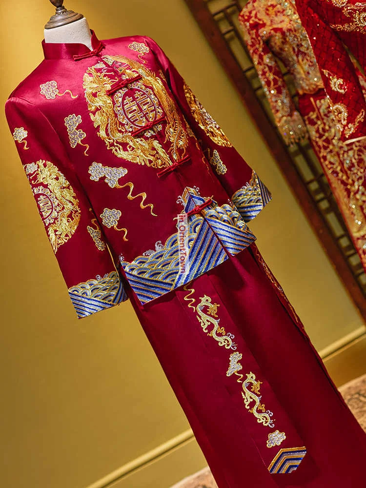 ملابس Xiuhe العريس التقليدية للرجال لحفلات الزفاف الصينية ملابس نخب + رداء رجالي تنين فينيكس مطرز تانغ زي