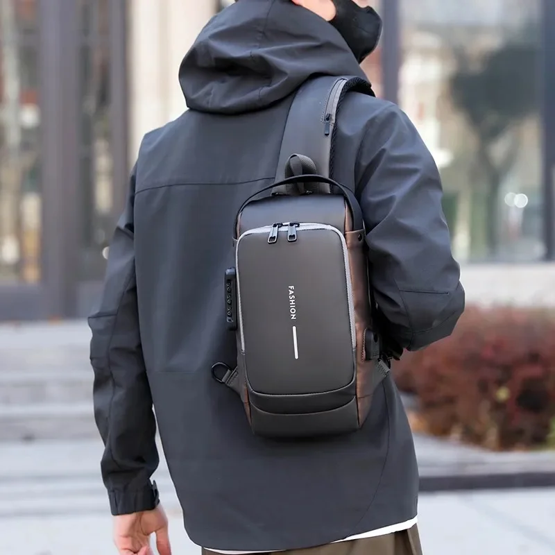 Waterproof Anti Theft Sling Chest Bag for Men, Password Lock Crossbody Backpack with USB Charging Port for Daily Travel Cycling