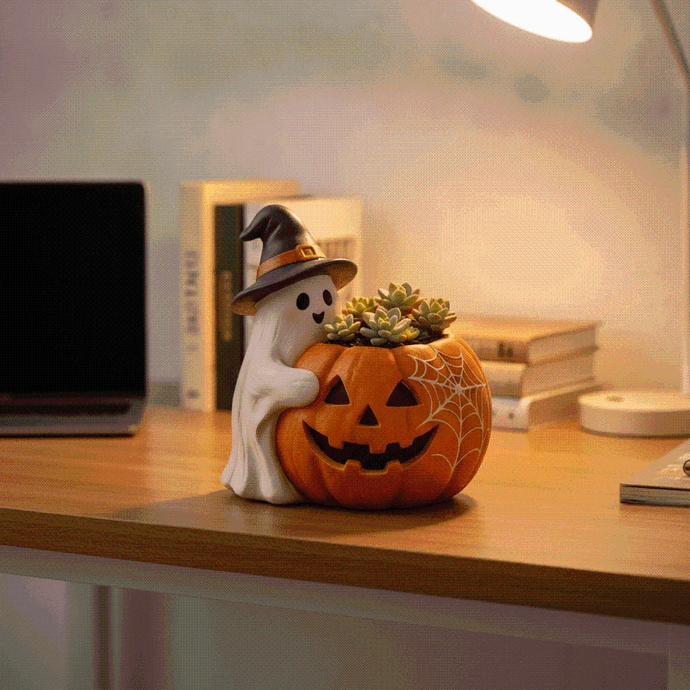 Orange Ghost Pumpkin Pen Holder Molded Sturdy Resin Desktop Organizer Flat-Base Waterproof Multifunctional Flower Pot Students