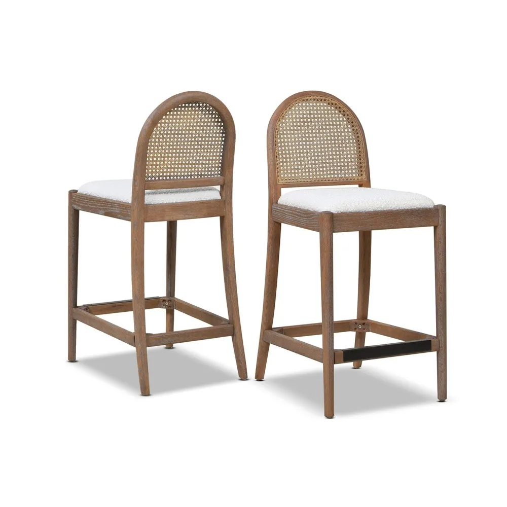 

26.5" Curved Back Cane Rattan Counter Stool, Set of 2, Ivory White Boucle