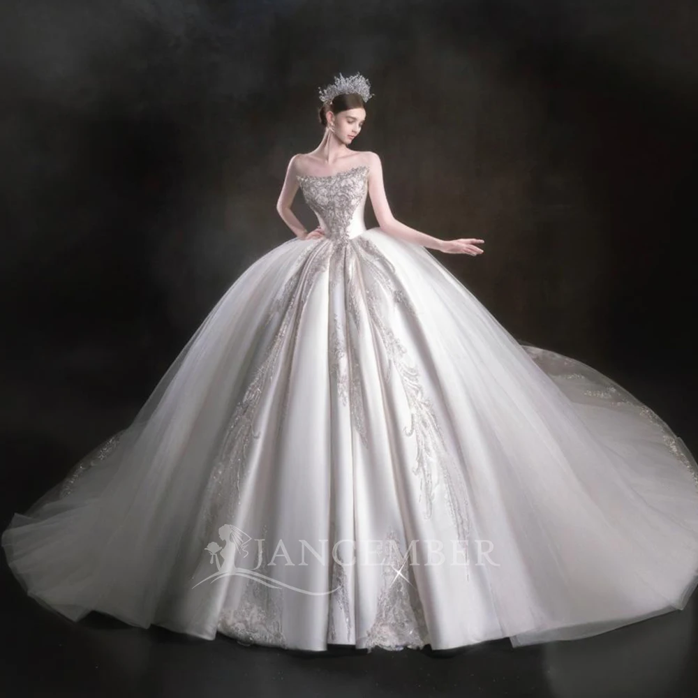 Custom Elegant Ball Gown Princess Wedding Dresses Organza Customized Made Bridal Lace Up Back Strapless Gown Train robe de marié