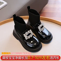 Girls Leather Boots with Rhinestone Flat Bottomed Middle Tube, Spring and Autumn Outdoor Girls Fashion Boots Zapatillas Mujer