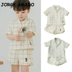New Summer Baby Girl Boy Set Beige Plaid Mint Green Embroidery Tailored Collar Shirt+Casual Shorts Children's Set Clothing E3305