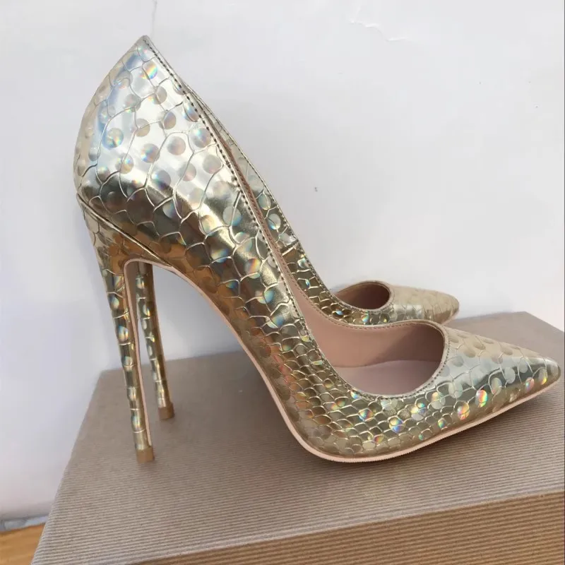 

2025 Spring New Gold Laser Women's High Heels Pointed Stilettos Shallow Party Daily Office Dress Ladies Large Size Single Shoes