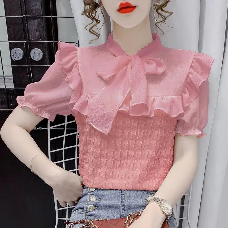 Women Clothing Summer Fashion Simplicity Solid Color Chiffon Short Sleeve Shirts Women's Casual Loose All-match Temperament Tops