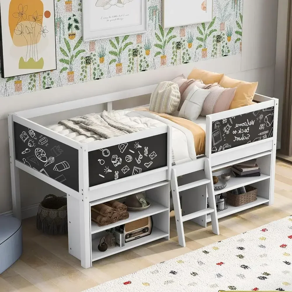 Low Loft Beds with Storage, Twin Loft Bed with Chalkboard, Classic Kids Bunk Beds for Boys and Girls, White
