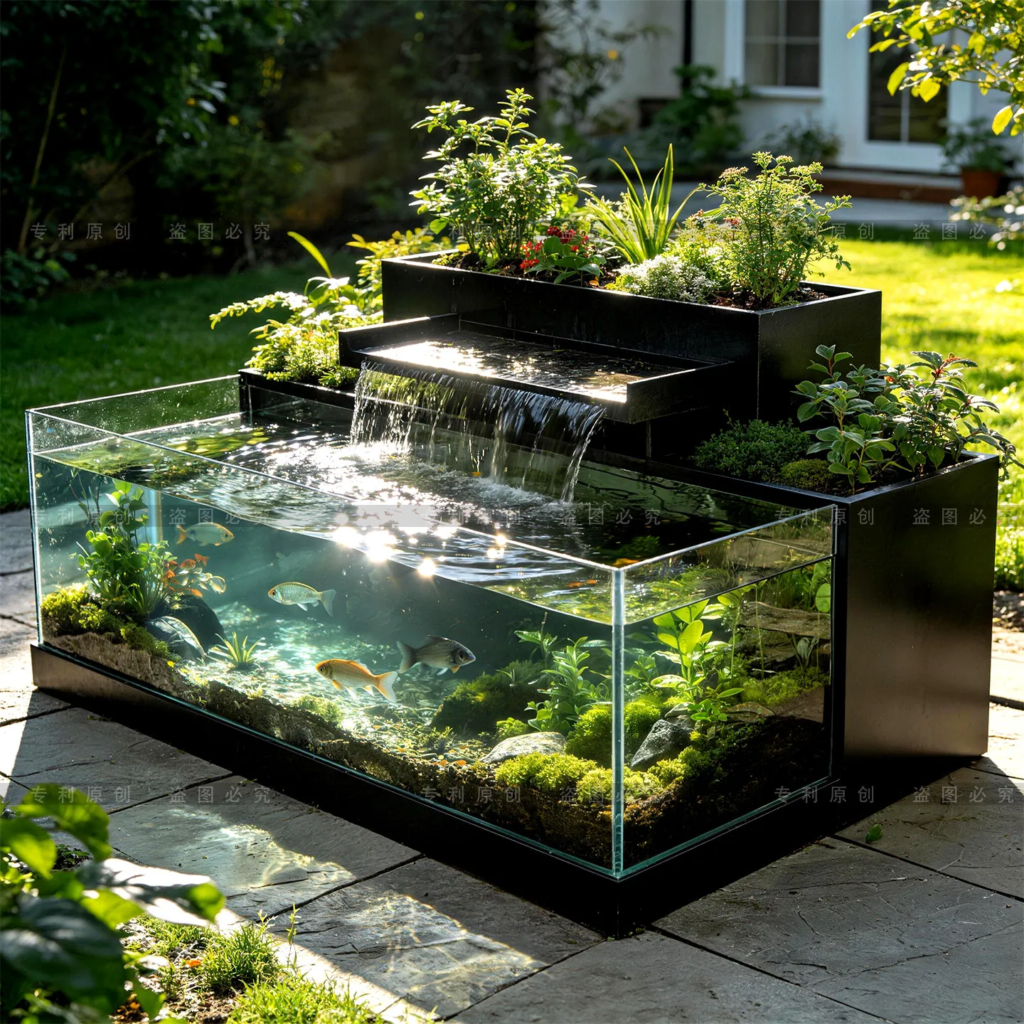 Garden courtyard water stacking spring ecological fish pond terrace landscaping glass fish tank