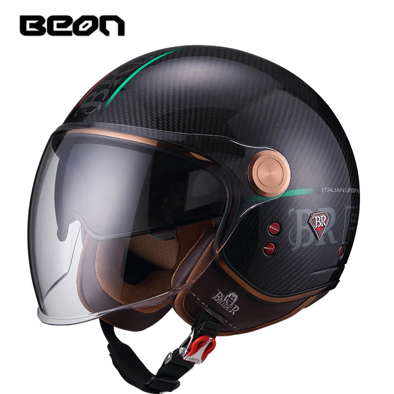 BEON BR-20 Motorcycle Riding Helmet Carbon Fiber Half Helmet 3/4 Helmet Dual Lens Men's and Women's Four Seasons Universal