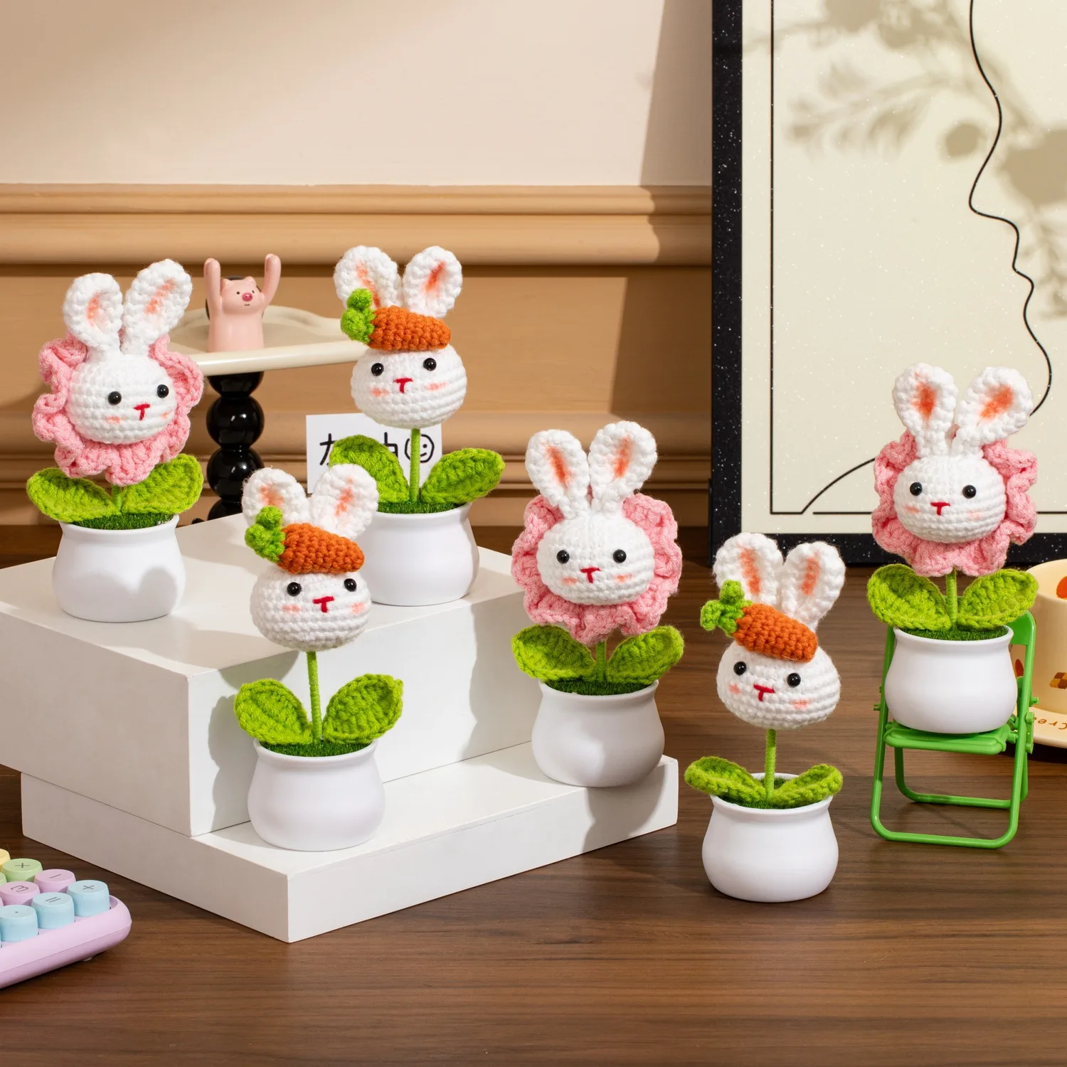 أرنب لطيف محبوك الزهور بوعاء الحيوان زهرة الكروشيه المنسوجة زهرة للسيارة ديكور المنزل الاطفال هدية