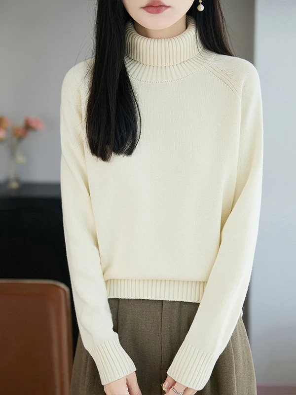 Thickened Pure Cotton Knitted Sweater High Collar Inner Wear Base Shirt Soft Loose Sweater Slimming Effect Casual Style