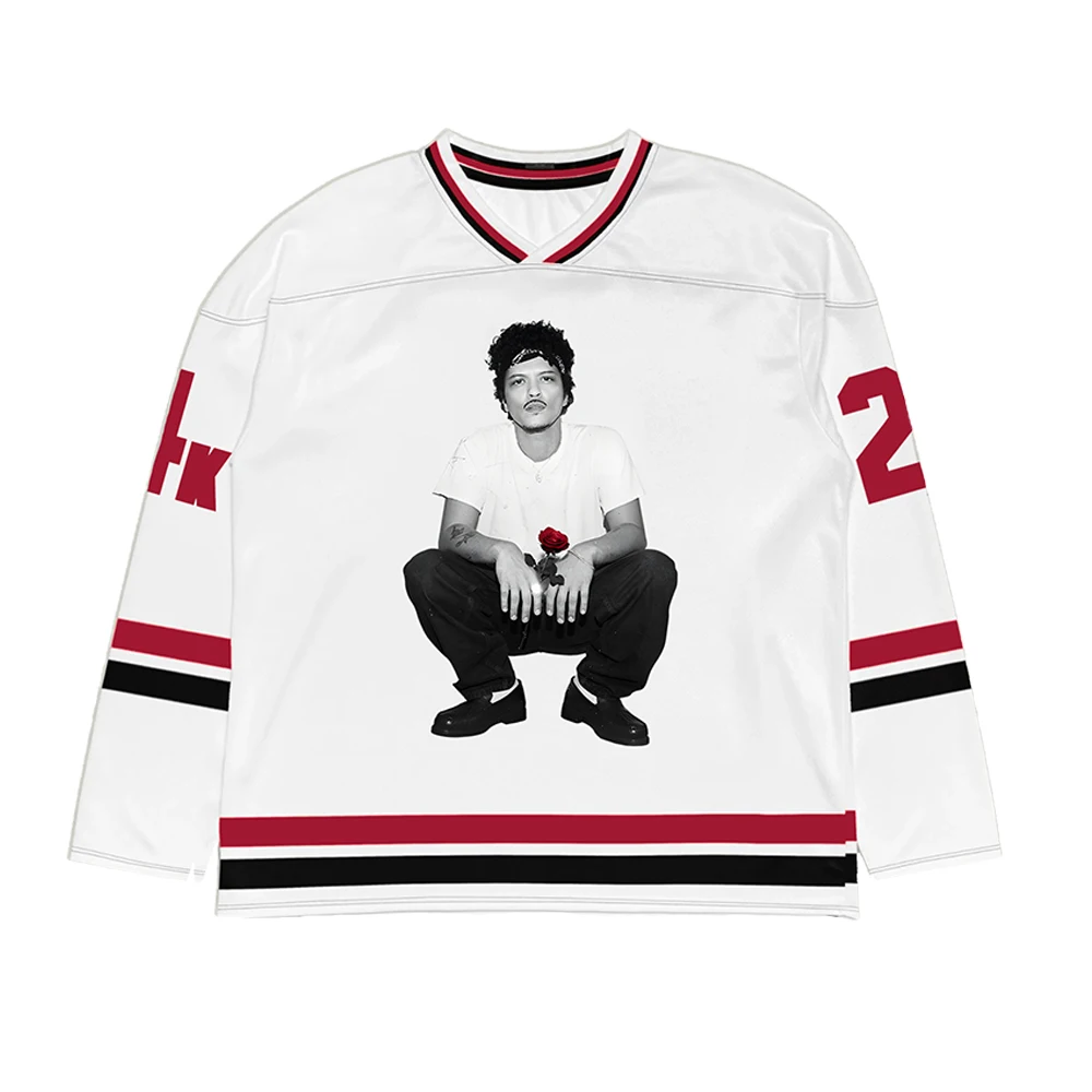 Bruno Mars The Romantic Tour Hockey Jersey Unisex Streetwear Long Sleeve V-neck Casual Male T Shirt 3D Printing Merch Clothing