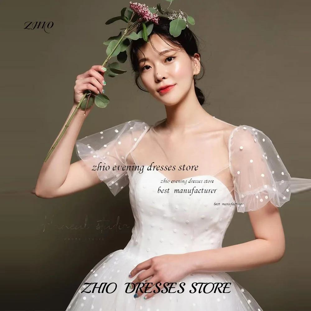 ZHIO Weißes koreanisches Hochzeitskleid in A-Linie aus Tüll mit Herzausschnitt, kurzen Blasenärmeln, individuelle Rückseite, bodenlang, Hochzeitsschießen