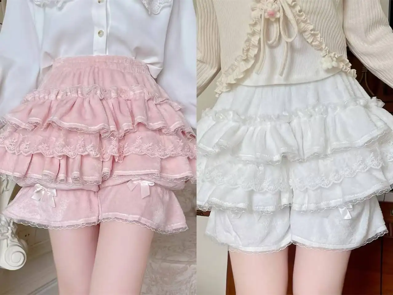 Y2k اليابانية Kawaii تنورة قصيرة امرأة Harajuku الحلو لوليتا التنانير الخريف الشتاء الصلبة مقوس دانتيل سراويل قصيرة #2