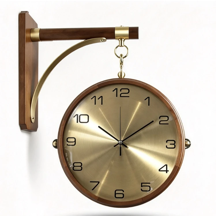 Wall Clocks Luxury Wood Double Sided Movement Silence 360° Rotatable Wall Clock Aesthetic Living Room Decoration Accessories