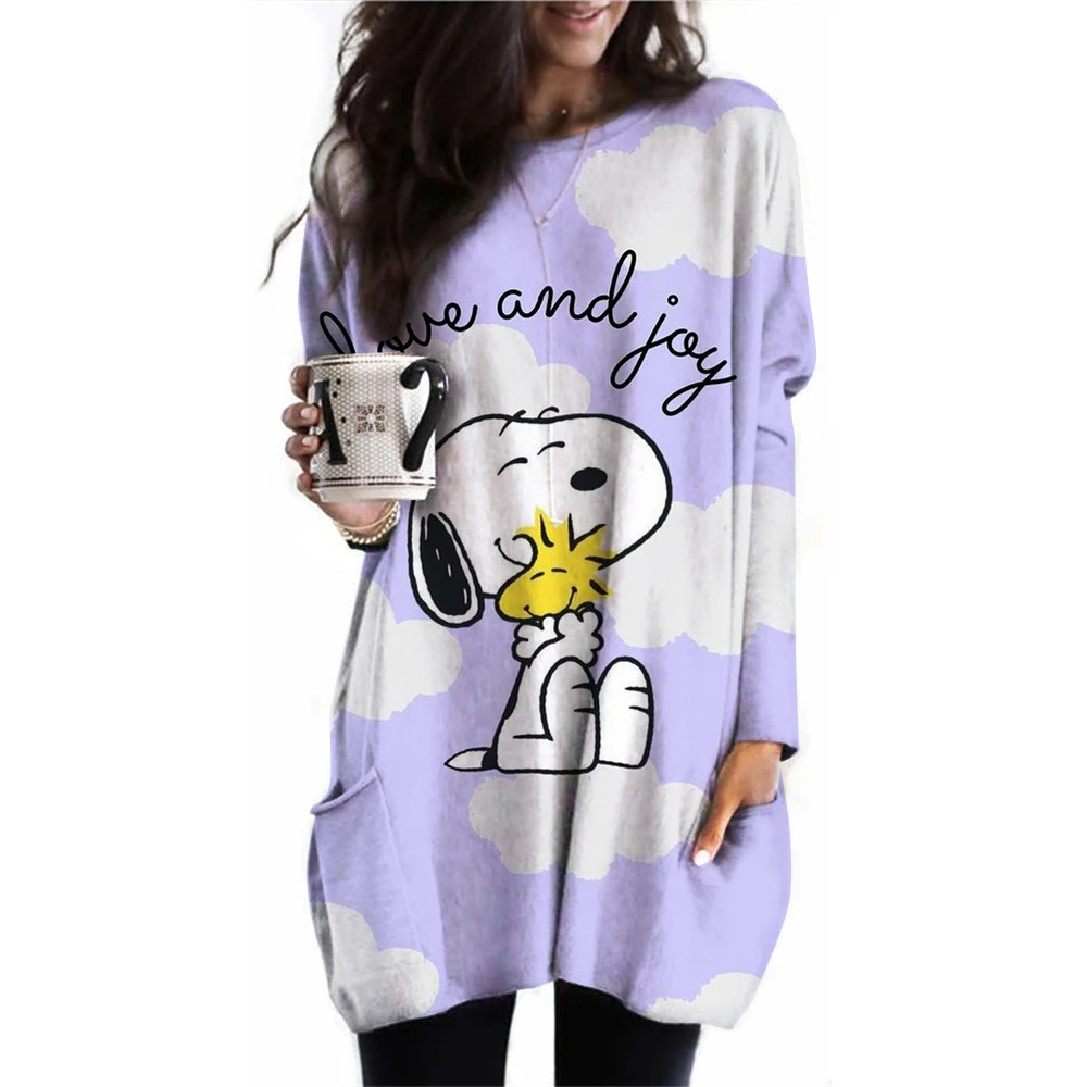 Snoopy Cartoon Anime Women Pullover Spring Autumn Women Round Neck Hoodie Clothes 2024 New Fashion White Couple Sweatshirt Tops