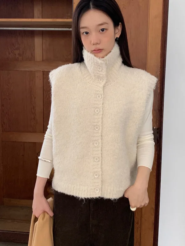 

Thiened Knitted High Collar Sweater Vest Women's Faion Autumn Winter Woolen Outerwear Soft Plu Sle Korean Faion