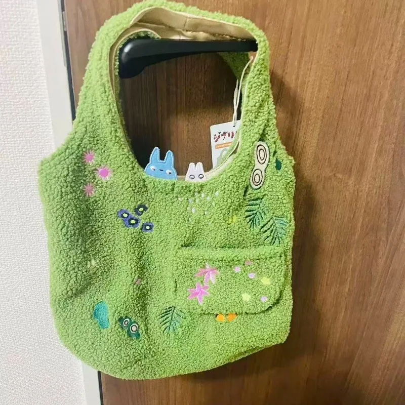 My Neighbor Totoro Reversible Double-sided Plush Handbag, Lovely Embroidered Single Shoulder Bag Soft Fluffy Casual Tote Purse view 3