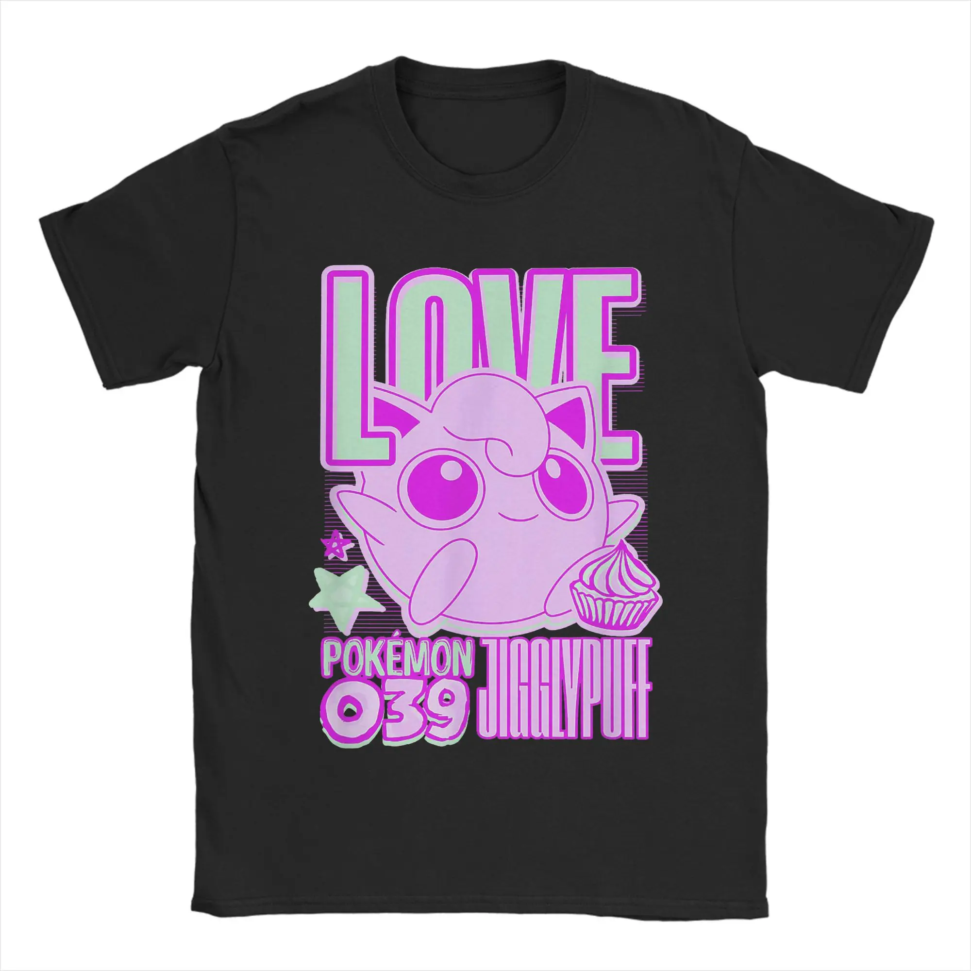 بوكيمون Jigglypuff الحب النيون الوردي جيب الوحش تي شيرت القطن الخالص تي شيرت الياقة المستديرة تي شيرت ملابس قصيرة الأكمام