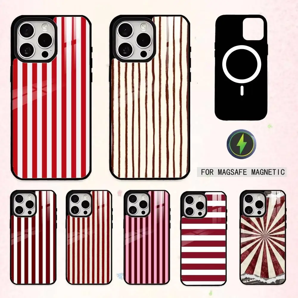 

B-Burgundy W-White Stripe Phone Case For iPhone17,16,15,14,13,12,11 Plus,Pro Max Magnetic For Magsafe Wireless Charging