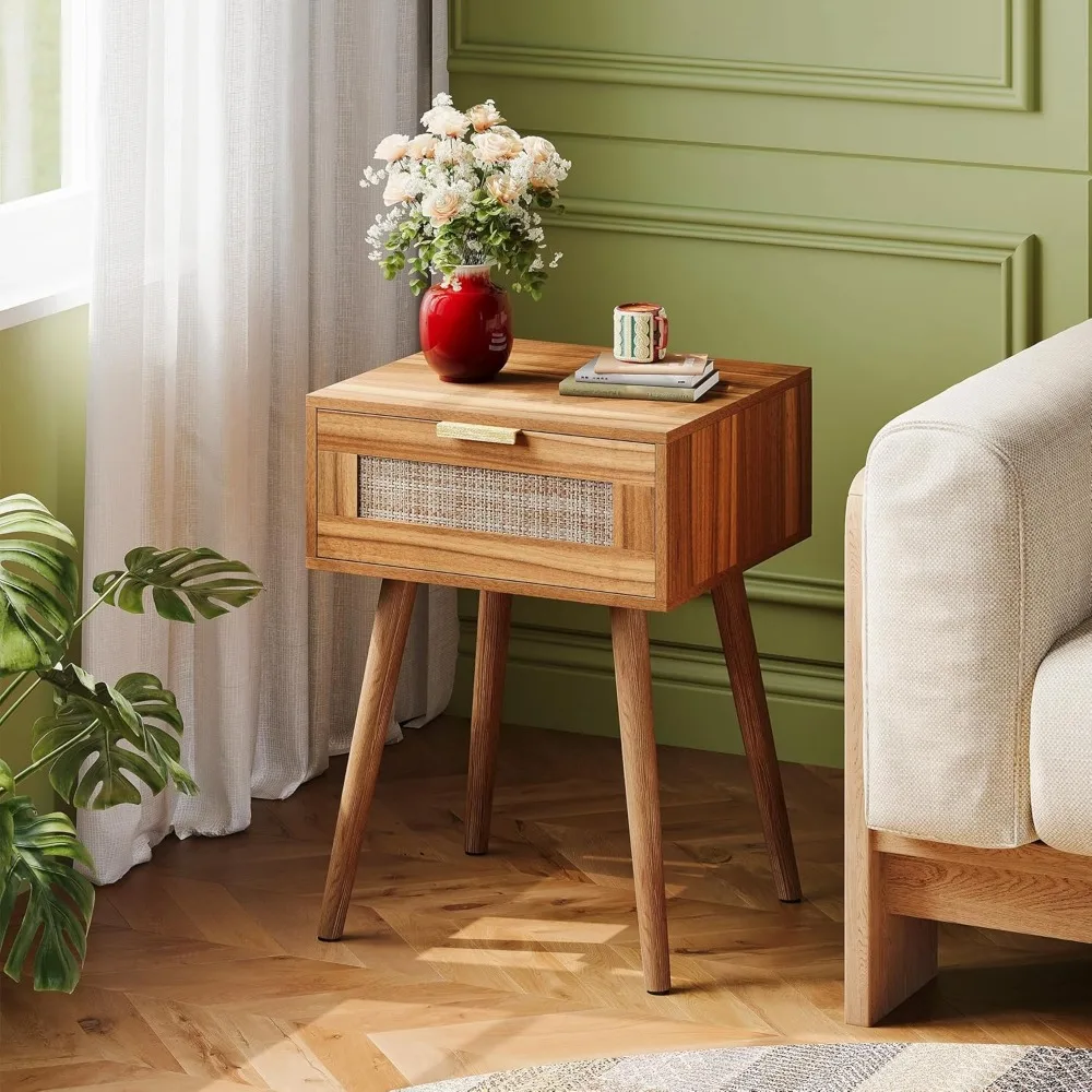 

Exquisite Rattan Nightstand Set of 2, Boho Side Table with Drawer, Mid Century Modern, End Table with Wood Legs for Bedroom, Dor