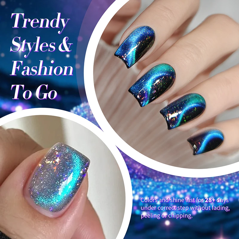 BORN PRETTY Starry Sky Sequins Cat Magnetic Gel Nail Polish Purple Blue Double Light Gel Polish with Magnet Stick Need Black Gel