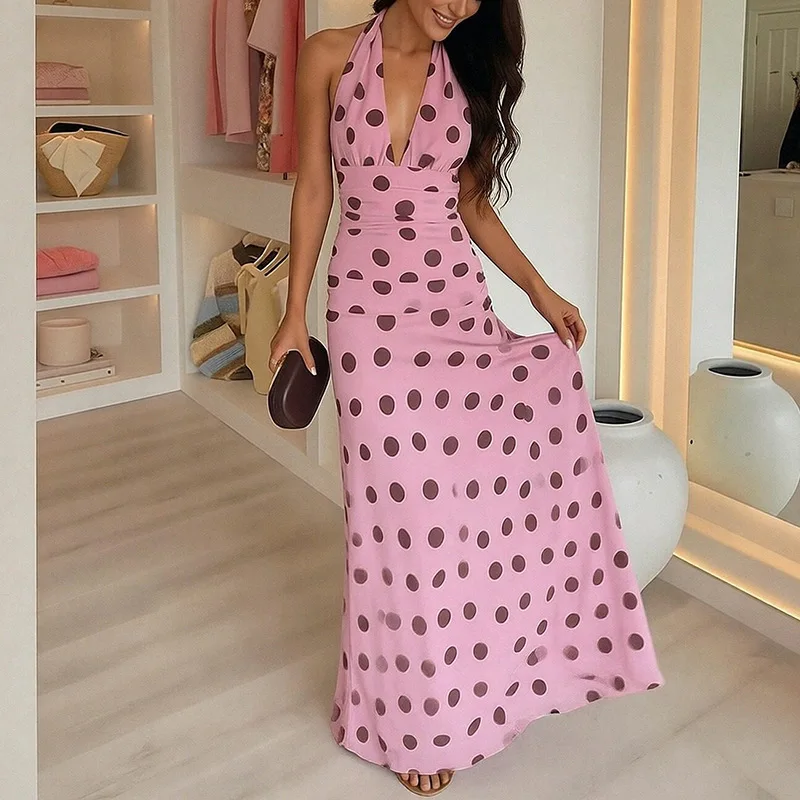 Elegant V Neck Polka Dot Backless Halter Dress Dresses Spring Summer Women Matching Set Jumpsuit