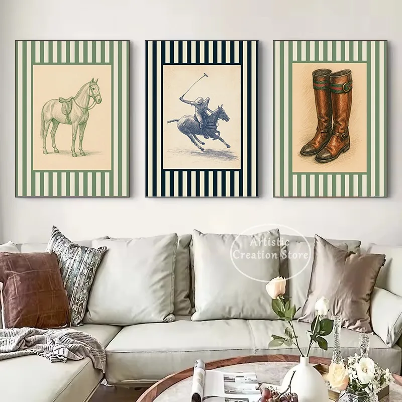 Vintage Polo Equestrian Western Traditional Horseback Rider Sketch Sports Poster Canvas Painting Wall Art Pictures Home Decor