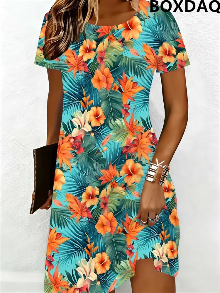 Round Neck Short Sleeved Women's Dresses Summer Seaside Tropical 3D Flower Pattern Printed Casual Loose Vacation A-Line Dress