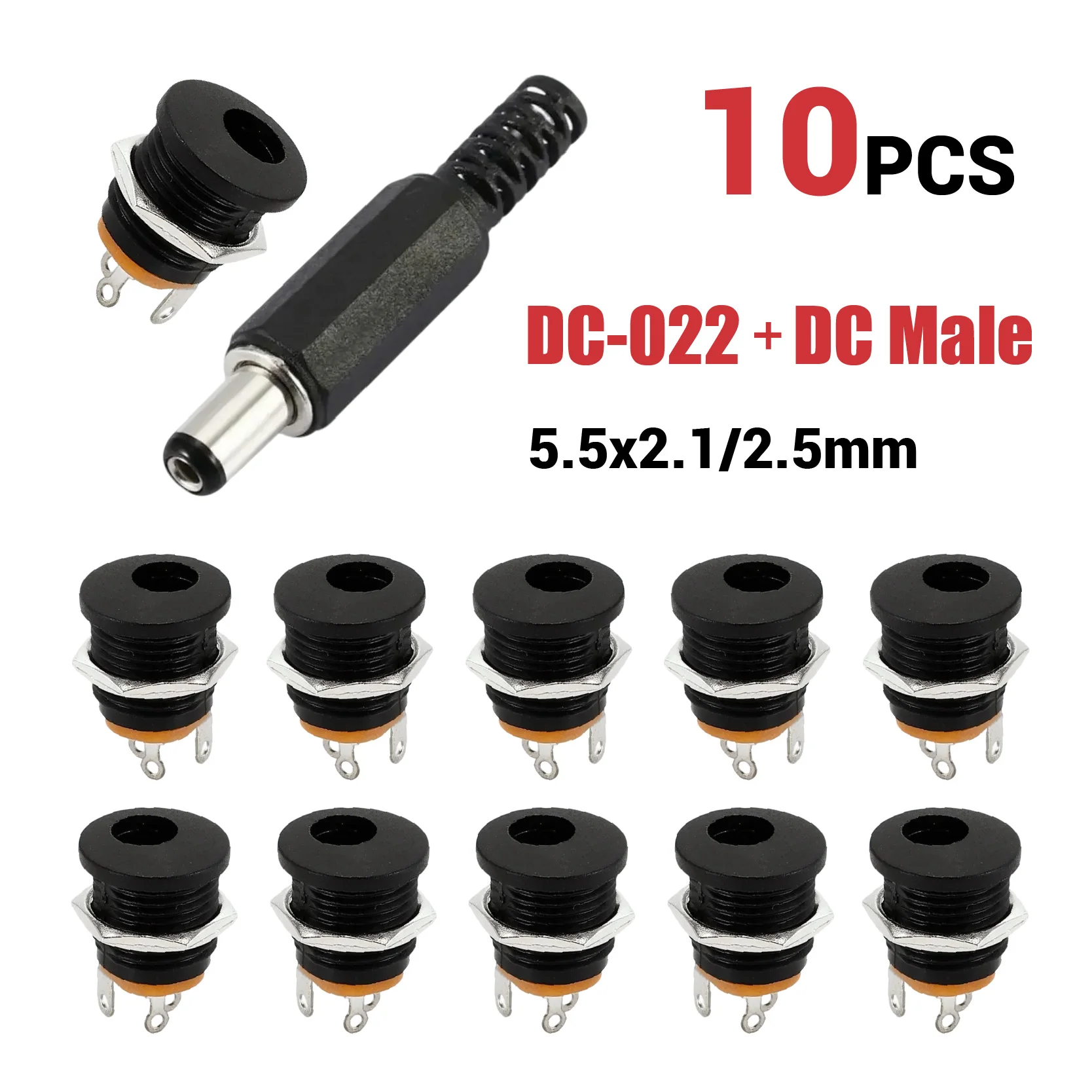 DC Adapter DC-022 Power Socket Male Plugs+Female Jack Panel Mount Connector 5.5X2.1mm 5.5X2.5mm